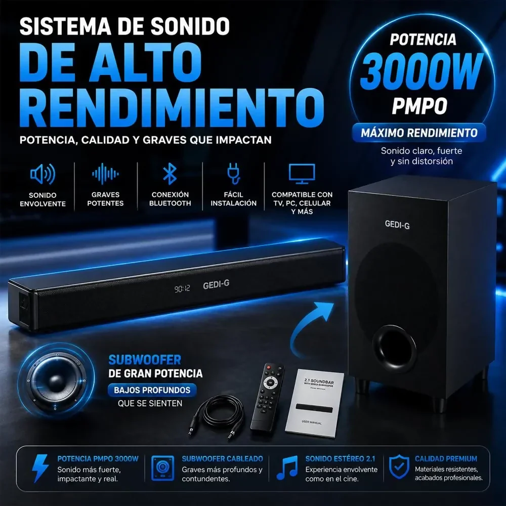 BARRA SONIDO TEATRO EN CASA 2.1 SUBWOOFER BLUETOOTH CON BAJOS PROFUNDOS CINE EN CASA - Image 3