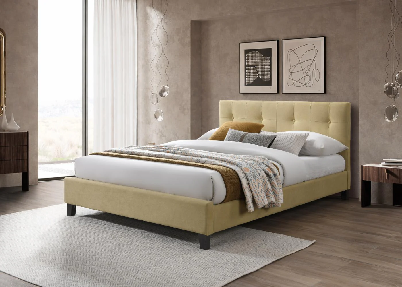 Cama Doble Imperial, Beige, Madera roble tapizada - Image 3