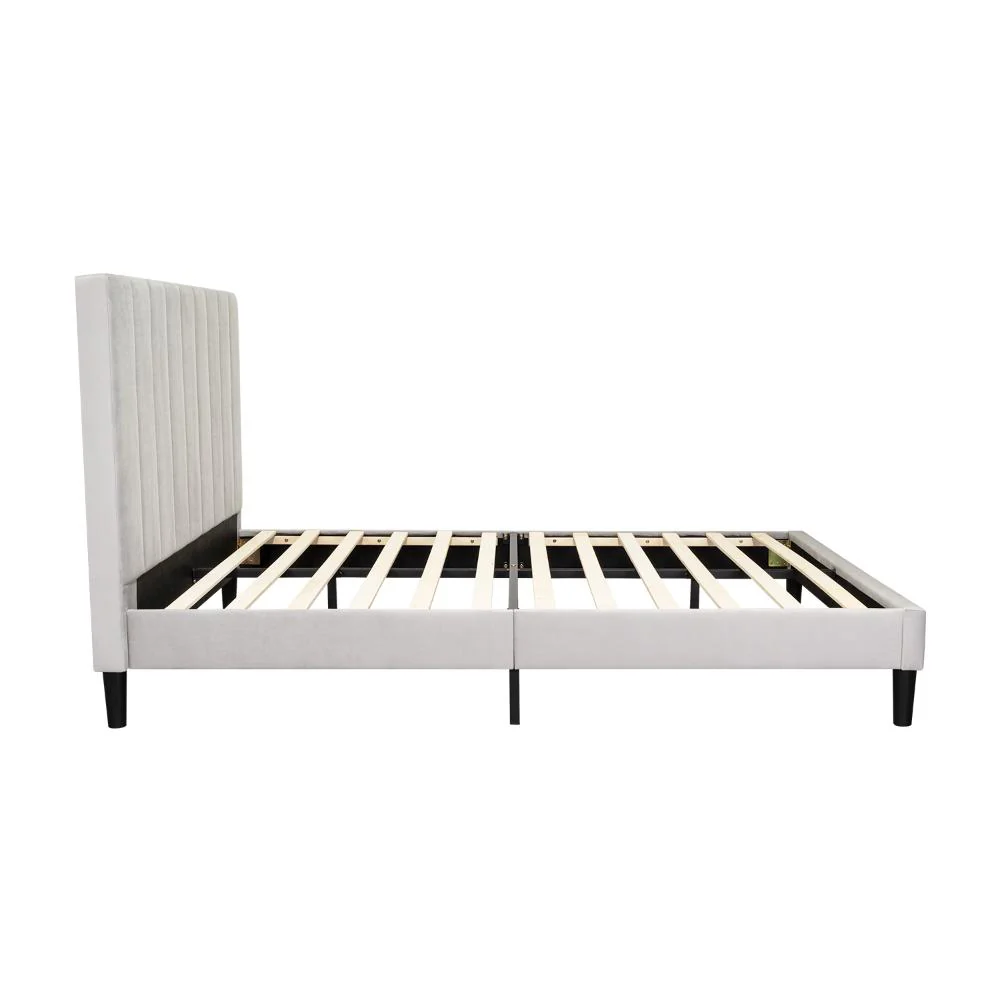 Cama Doble Lisa, Gris Claro, Madera roble tapizada - Image 4