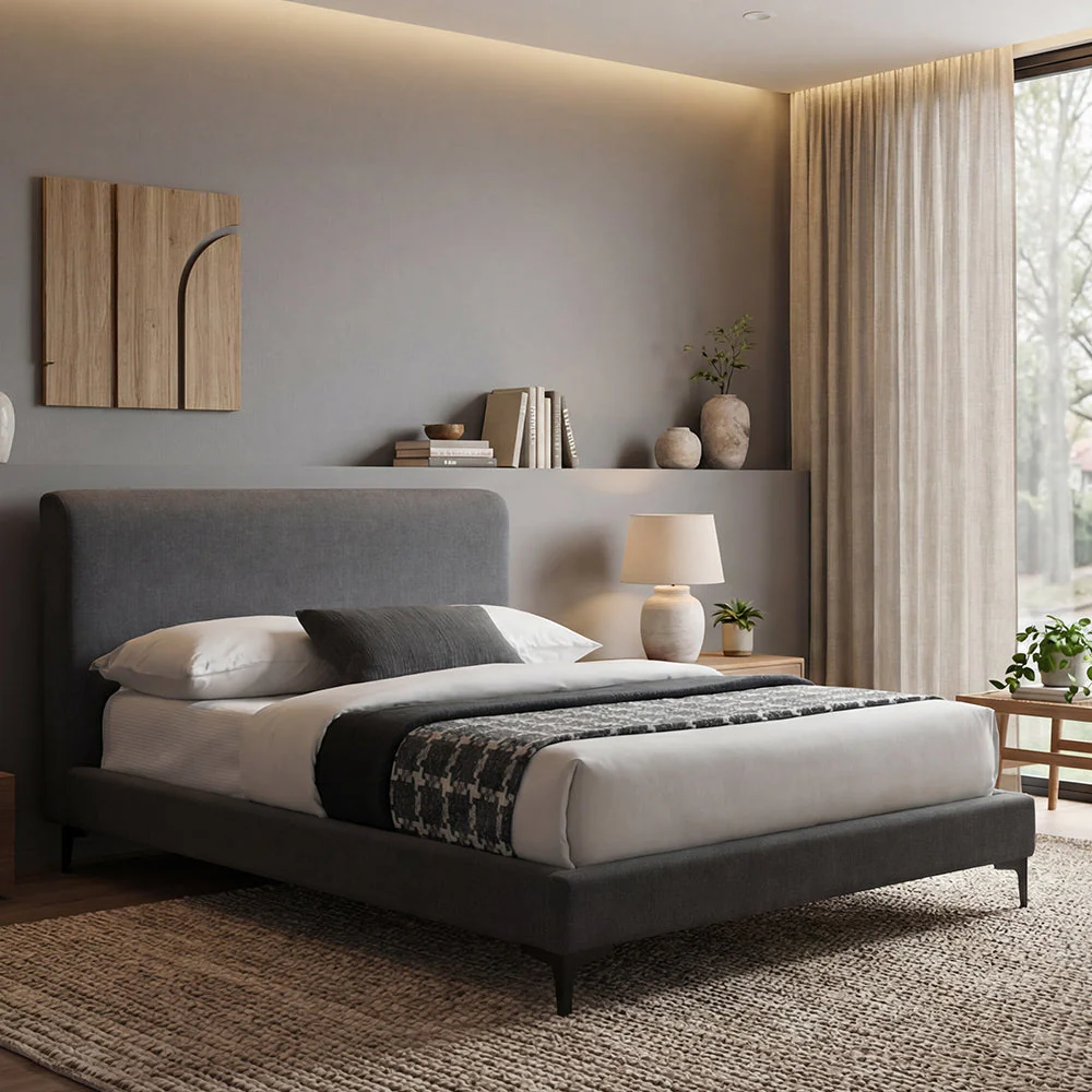 Cama Doble Prisma, Gris Oscuro, Madera roble tapizada