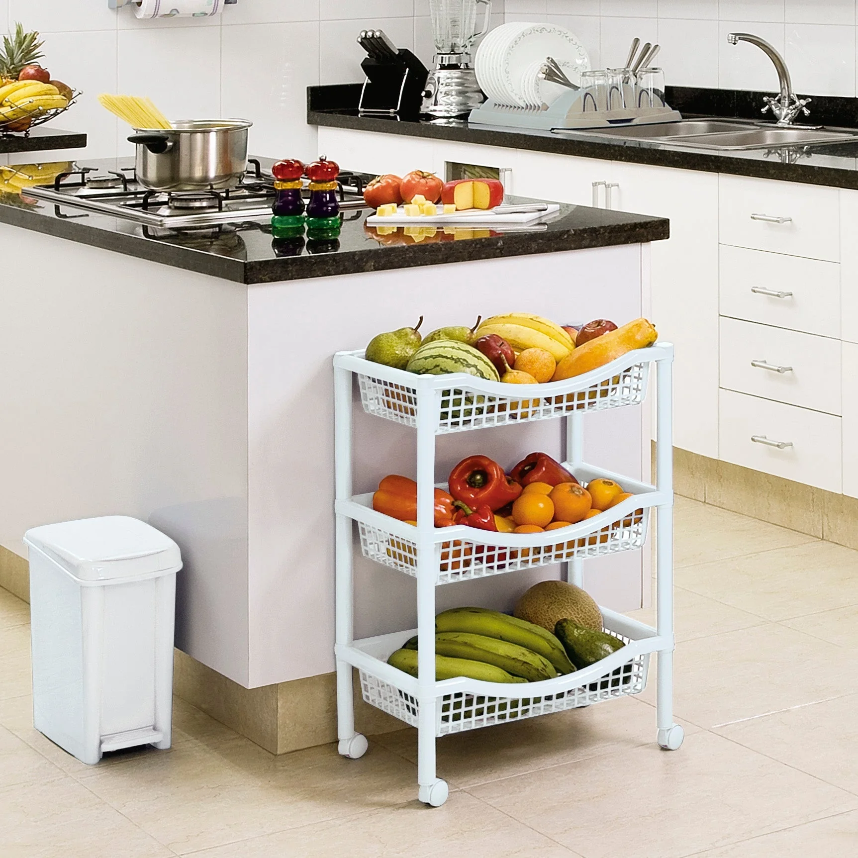 Canasta Móvil Rectangular de 3 Niveles Blanca - Image 3