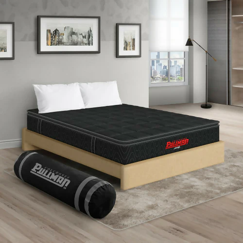 COLCHÓN ORTHOPACK BTU + BASE CAMA + ALMOHADA COLOR NEGRO TELA COLOR BEIGE 120X190 SEMIDOBLE