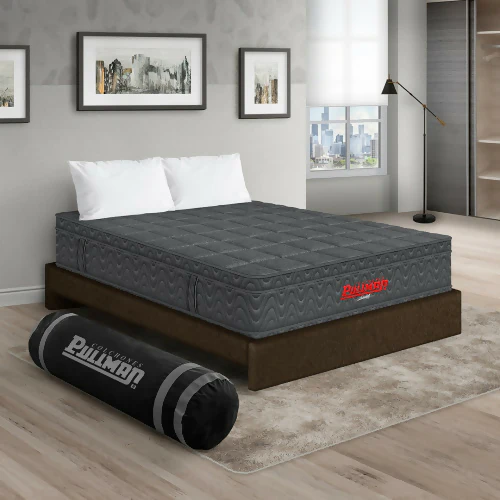 COLCHÓN ORTHOPACK EURO + BASE CAMA + ALMOHADA COLOR GRIS TELA COLOR CAFÉ 120X190 SEMIDOBLE