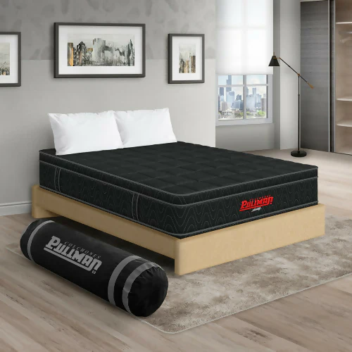 COLCHÓN ORTHOPACK EURO + BASE CAMA + ALMOHADA COLOR NEGRO TELA COLOR BEIGE 160X190 QUEEN