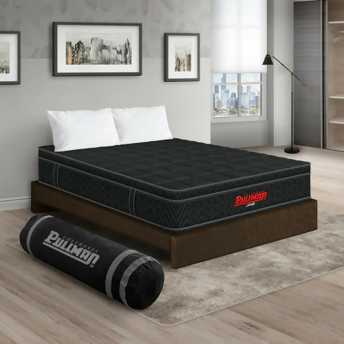 COLCHÓN ORTHOPACK EURO + BASE CAMA + ALMOHADA COLOR NEGRO TELA COLOR CAFE 140X190 DOBLE