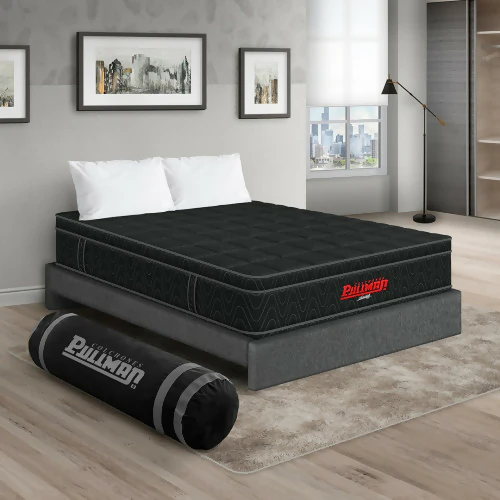 COLCHÓN ORTHOPACK EURO + BASE CAMA + ALMOHADA COLOR NEGRO TELA COLOR GRIS 200X200 KING