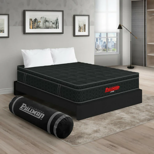 COLCHÓN ORTHOPACK EURO + BASE CAMA + ALMOHADA COLOR NEGRO TELA COLOR NEGRO 140X190 DOBLE