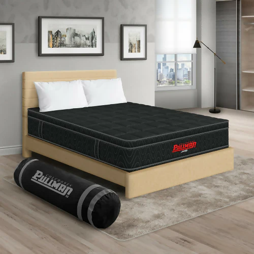 COLCHÓN ORTHOPACK EURO + CAMA LEO + ALMOHADA COLOR NEGRO TELA COLOR BEIGE 160X190 QUEEN