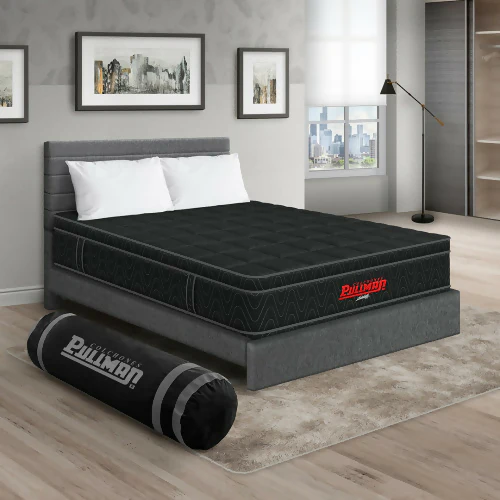 COLCHÓN ORTHOPACK EURO + CAMA LEO + ALMOHADA COLOR NEGRO TELA COLOR GRIS 200X200 KING