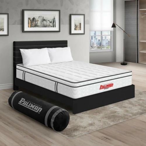 COLCHÓN ORTHOPACK EURO U + CAMA LEO + ALMOHADA COLOR CLASICO TELA COLOR NEGRO 160X190 QUEEN