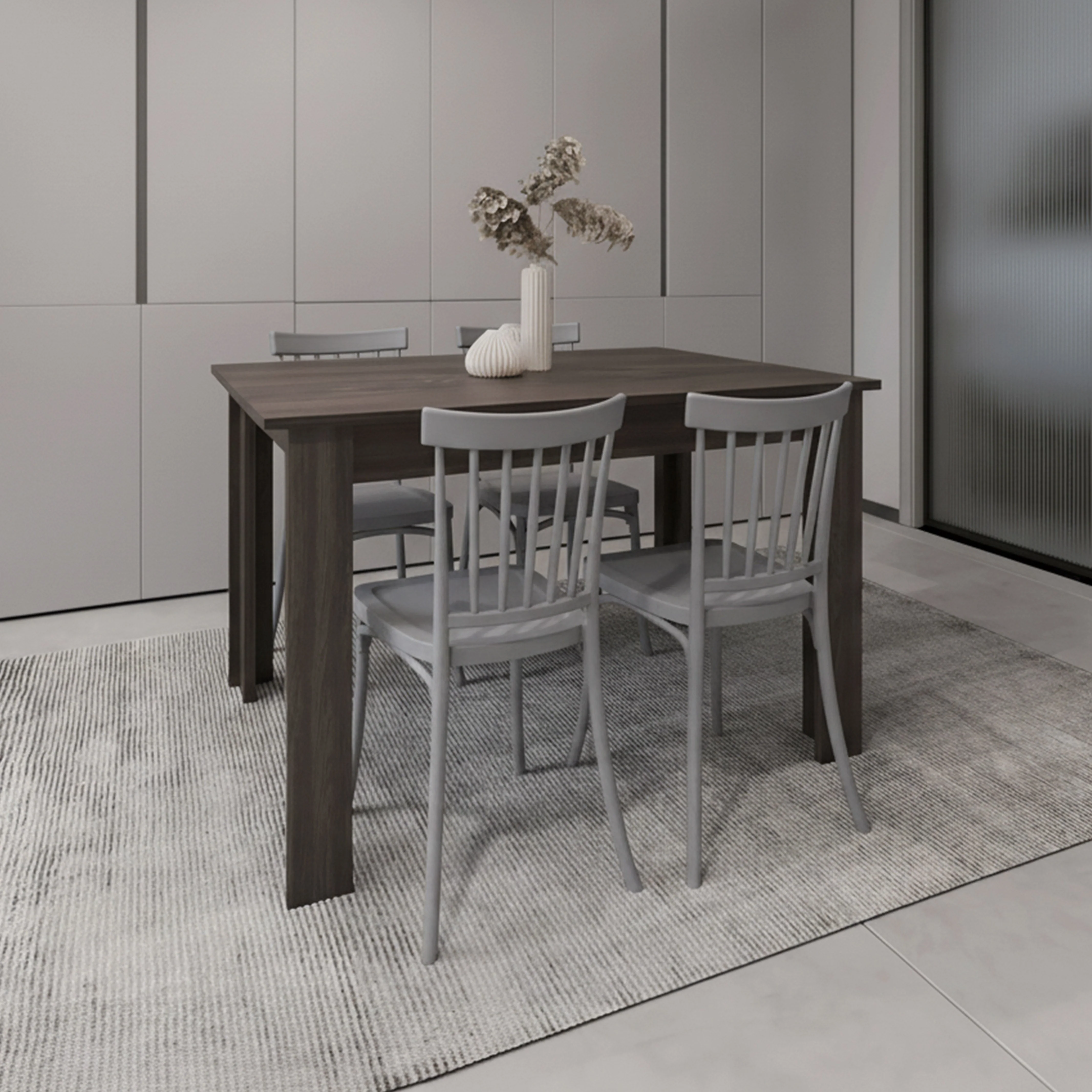 COMBO ESSENZA, INCLUYE COMEDOR Y 4 SILLAS CON ESPALDAR COLOR GRIS OSCURO