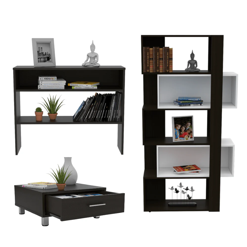 COMBO PARA SALA KAHLO, INCLUYE BIBLIOTECA CUBO, MESA AUXILIAR Y MESA DE CENTRO