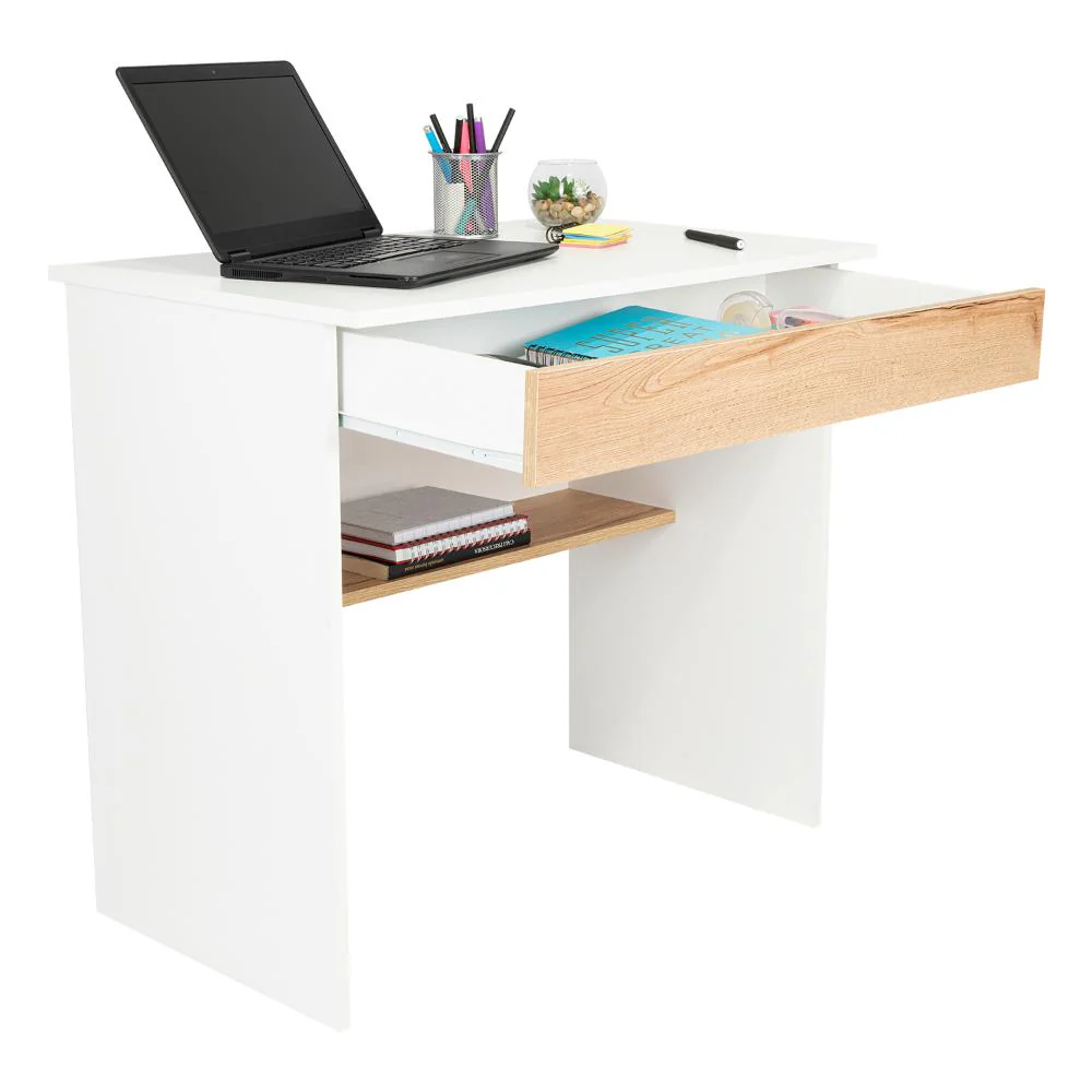 ESCRITORIO, COLIMA, BLANCO Y CAFÉ CLARO, CON ENTREPAÑOS Y CAJON - Image 2