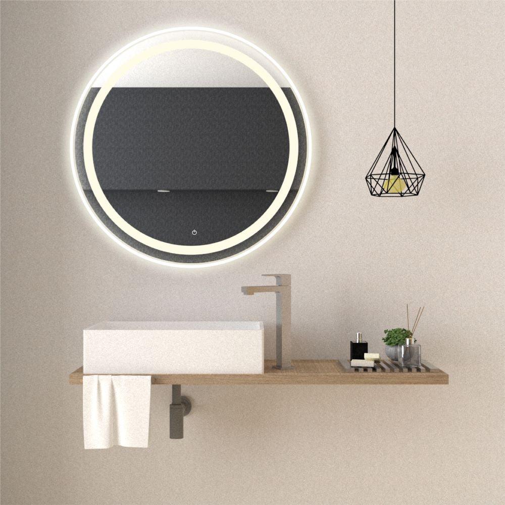 ESPEJO CIRCULAR MALIBÚ, GRIS, CON LUZ LED Y BOTÓN TOUCH