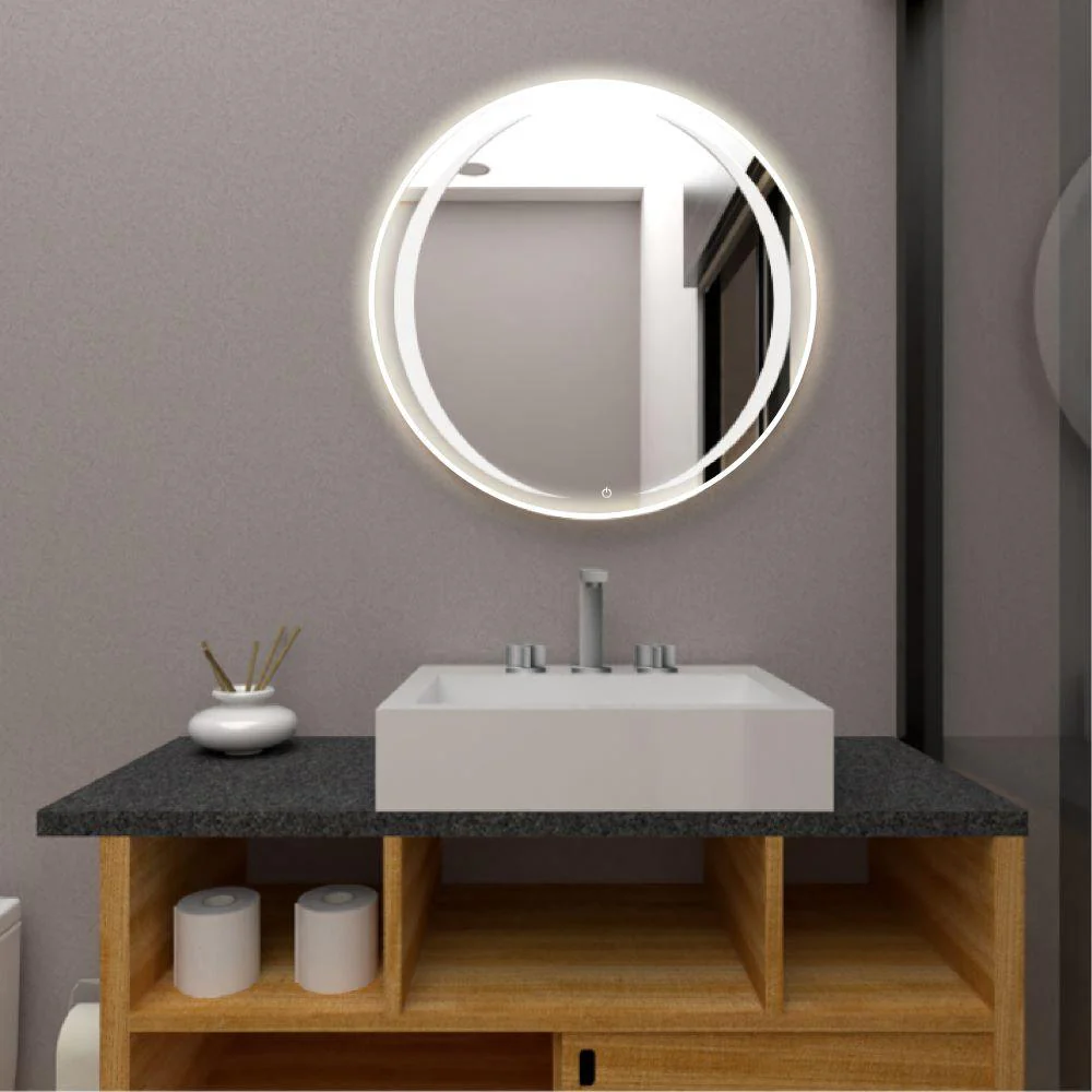 ESPEJO CIRCULAR OLIVER, GRIS, CON LUZ LED Y BOTÓN TOUCH