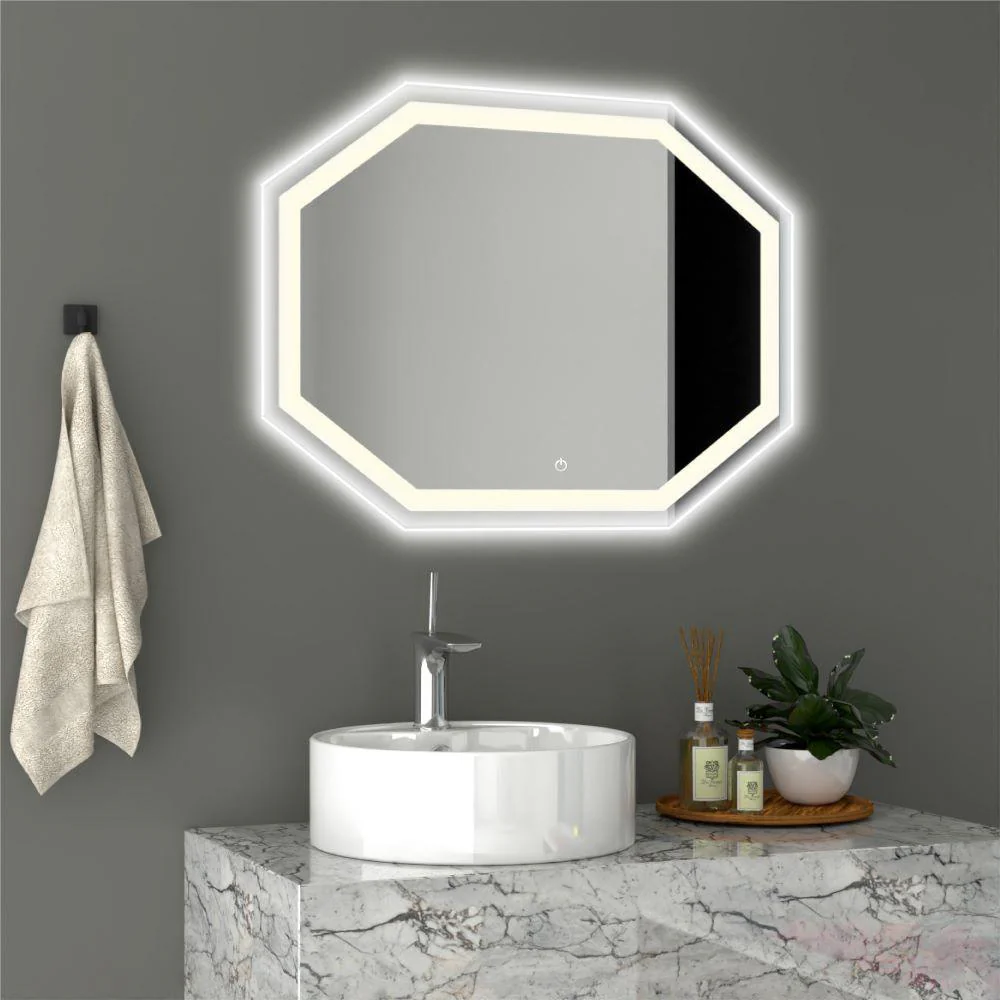 ESPEJO HEXAGONAL MIZU, GRIS, CON LUZ LED Y BOTÓN TOUCH
