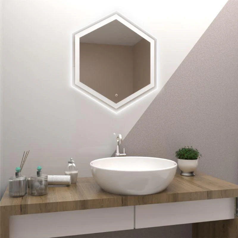 ESPEJO HEXAGONAL WOLF, GRIS, CON LUZ LED Y BOTÓN TOUCH