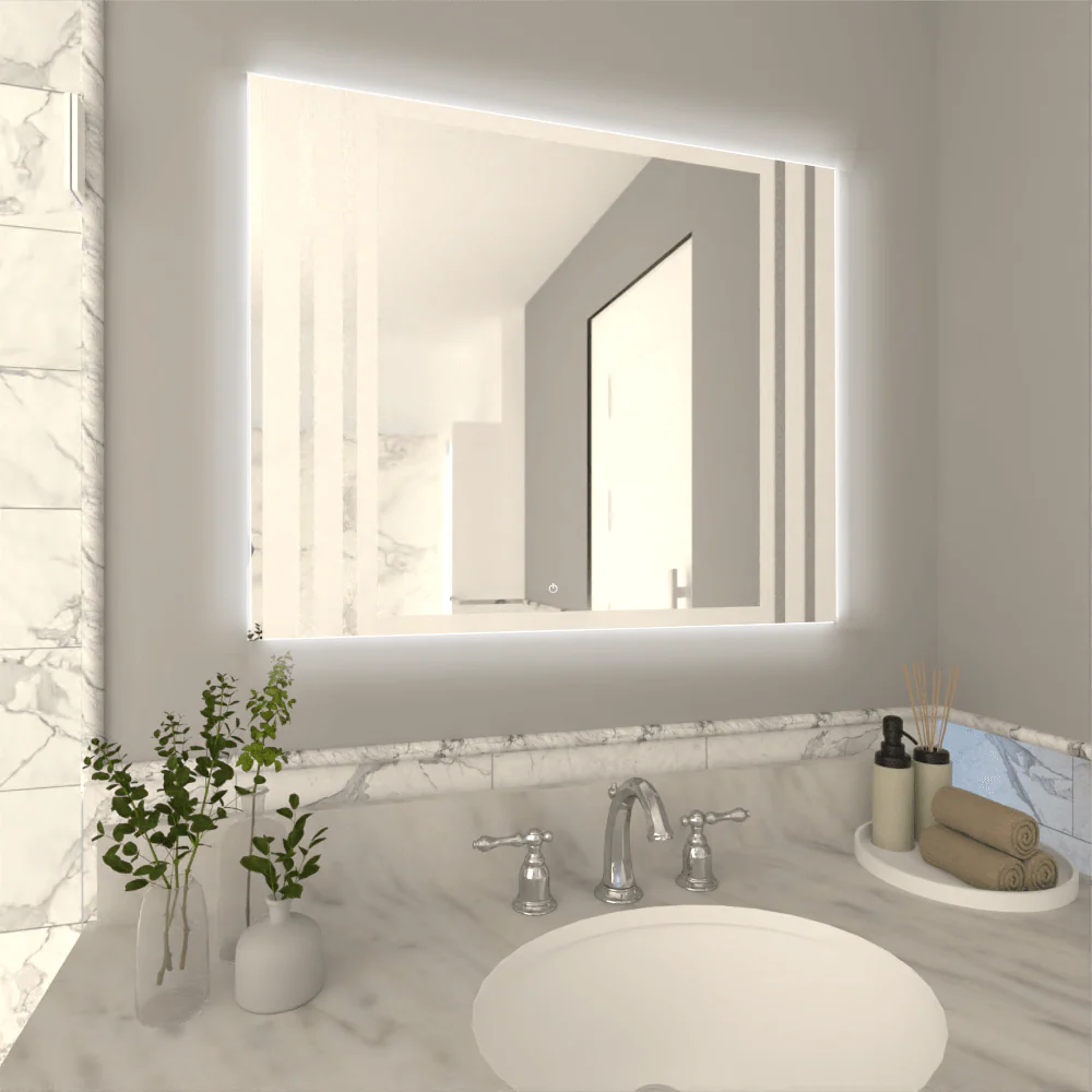 ESPEJO RECTANGULAR APOLO, GRIS, CON LUZ LED Y BOTÓN TOUCH