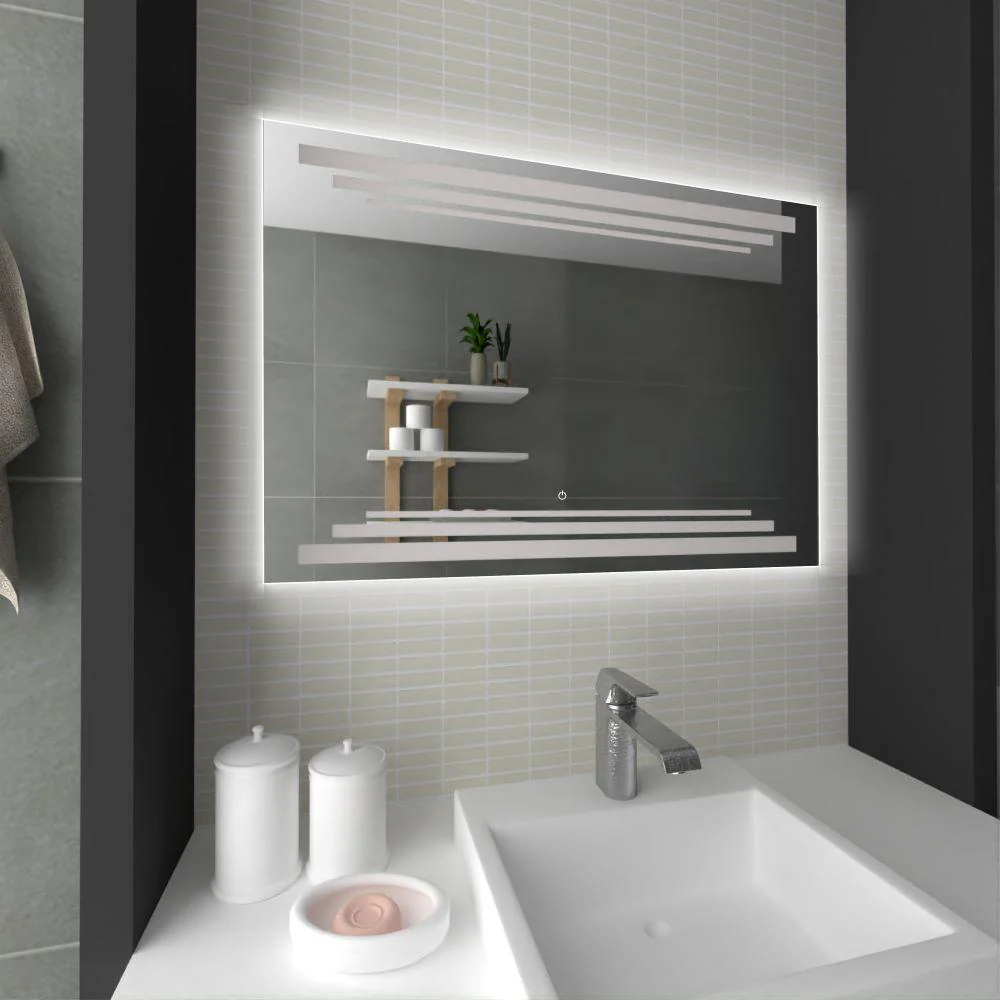 ESPEJO RECTANGULAR BARÚ, GRIS, CON LUZ LED Y BOTÓN TOUCH