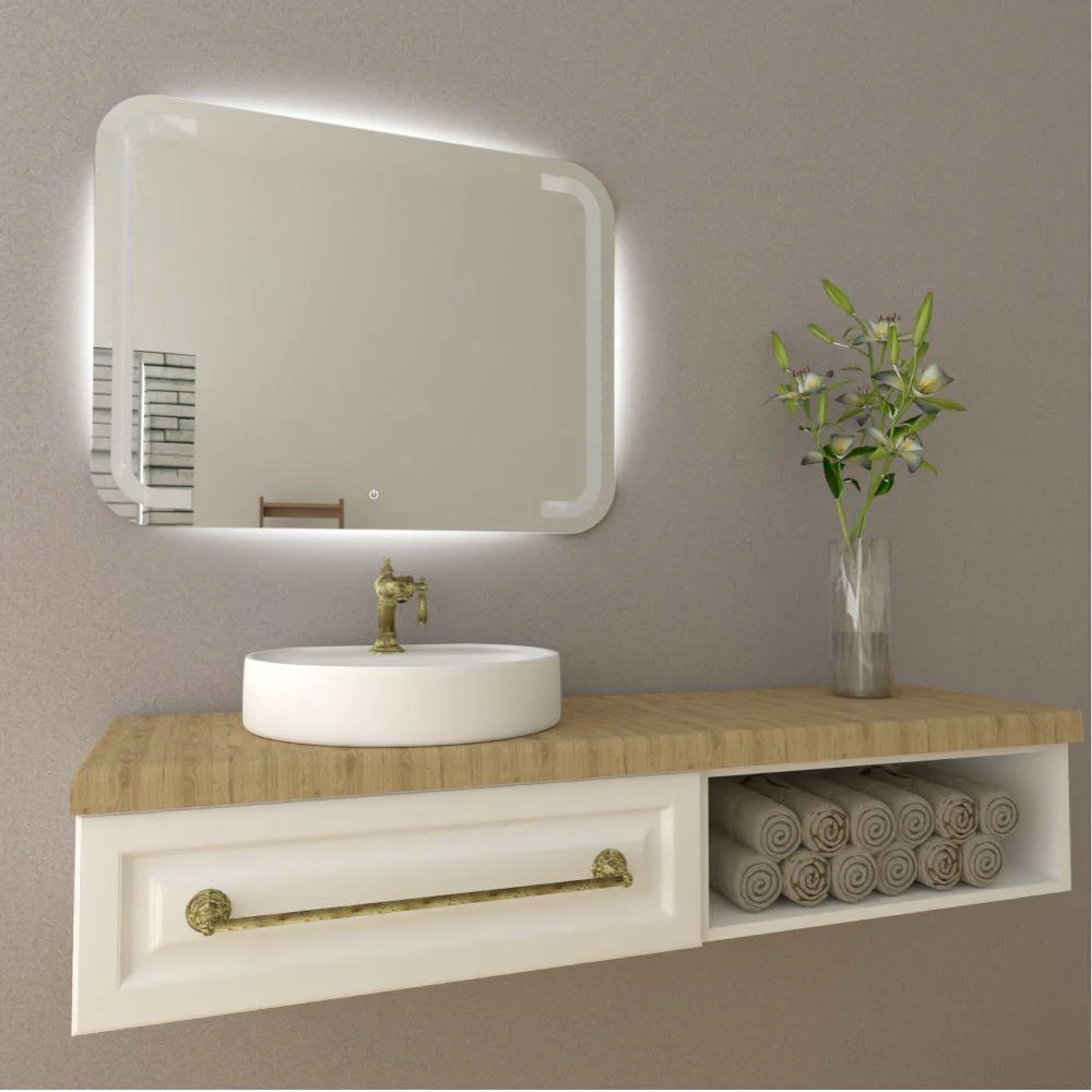 ESPEJO RECTANGULAR BROWN, GRIS, CON LUZ LED Y BOTÓN TOUCH