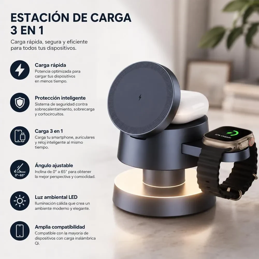 ESTACIÓN DE CARGA MAGNÉTICA INALÁMBRICA PREMIUM 4 EN 1 CON LÁMPARA LED Y MAGSAFE - Image 4