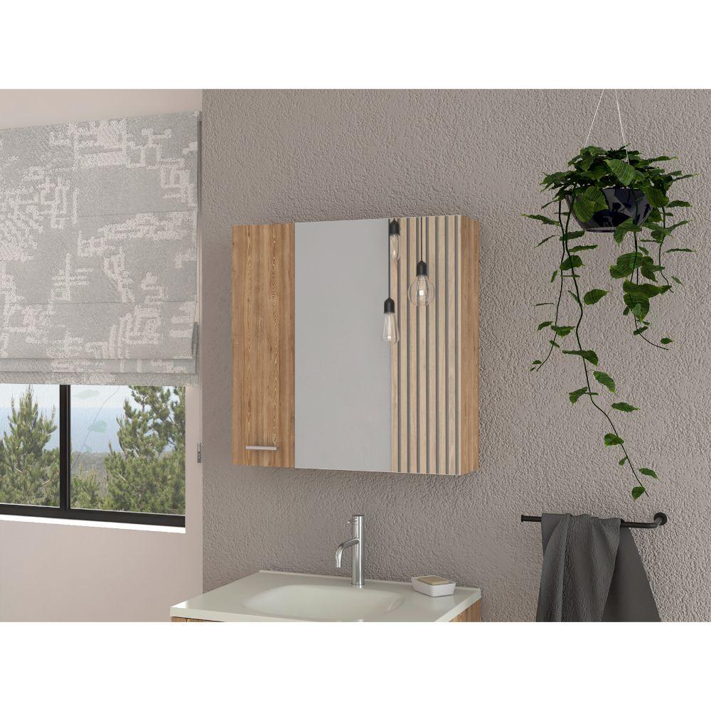GABINETE DE BAÑO APOLIS, MIEL, CON PUERTA ESPEJO Y DOS ENTREPAÑOS PARA UBICAR MÚLTIPLES OBJETOS ZF