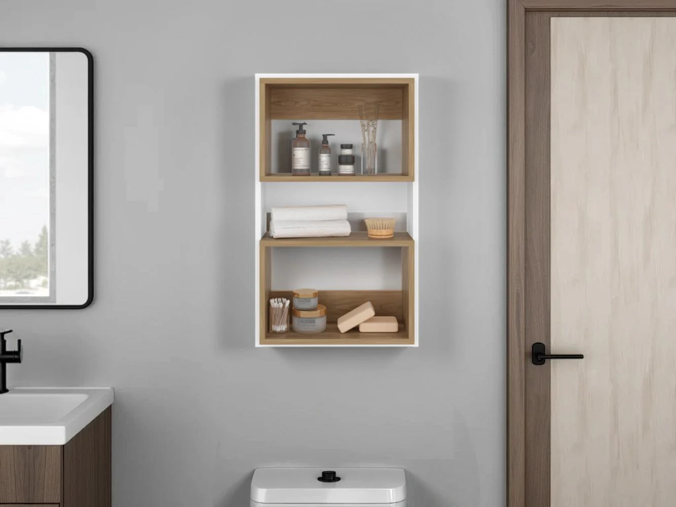 GABINETE DE BAÑO SENSEI ECO, BLANCO DUQUEZA Y FRESNO EUROPEO, CON SUPERFICIES PARA UBICAR OBJETOS - Image 3