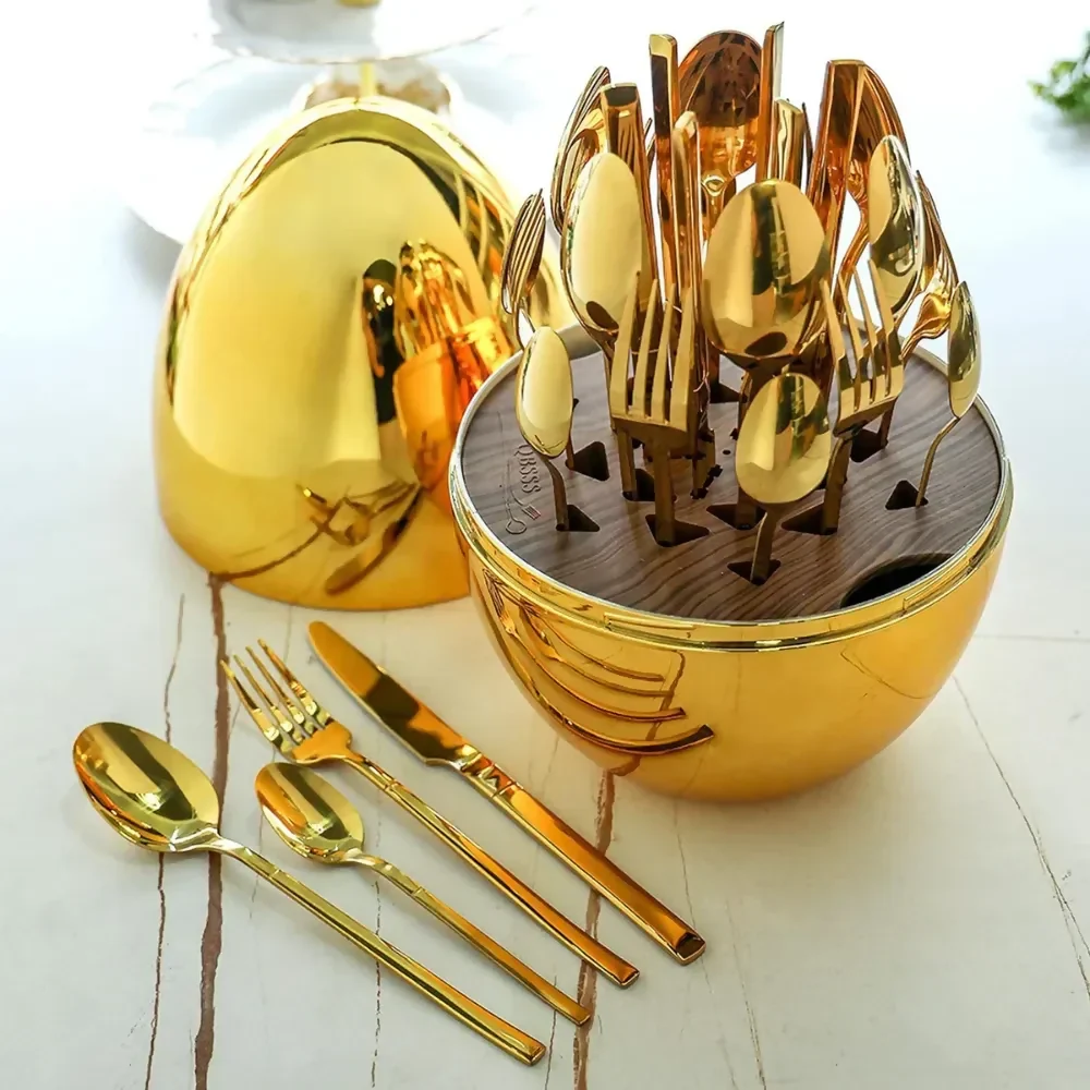 JUEGO DE CUBIERTOS 24PCS ACERO INOXIDABLE GOLD ESTUCHE HUEVO - Image 2
