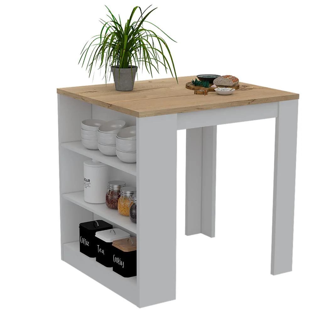 MESA AUXILIAR MAYER, BLANCO Y CAFÉ CLARO, CON AMPLIA SUPEICIE EN LA MESA Y TRES ENTREPAÑOS ZF