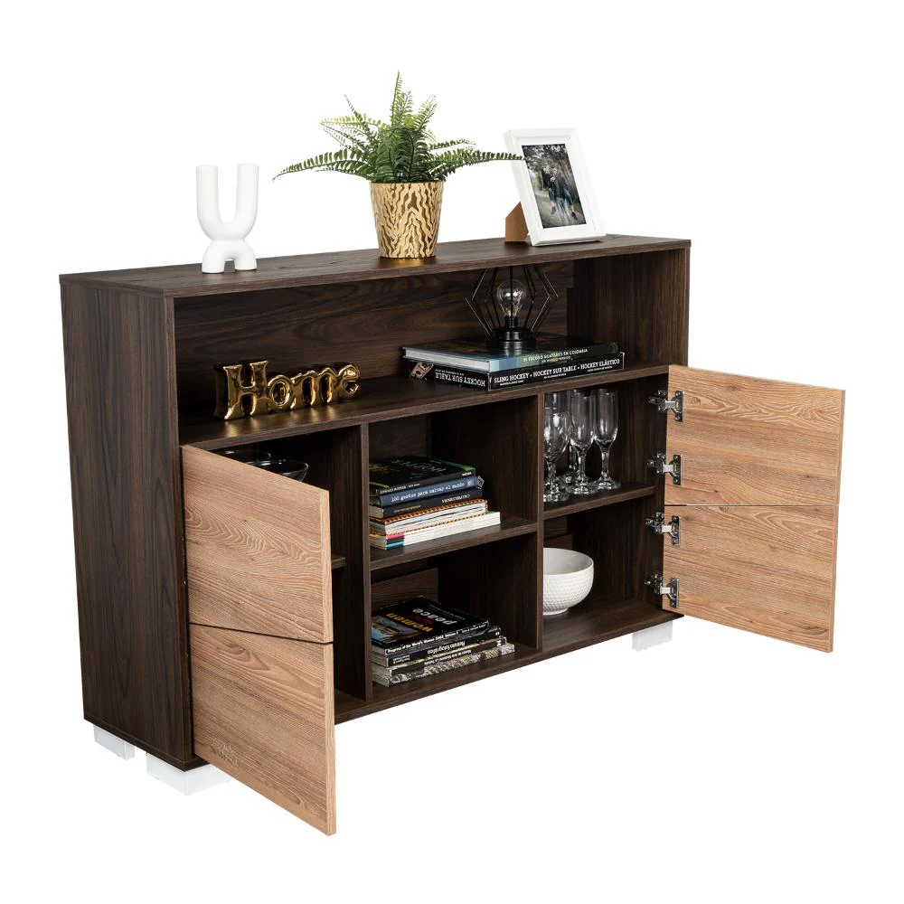 MESA AUXILIAR RECIBIDOR ORUS, CAOBA Y MIEL, CON CUATRO PUERTAS Y PATAS DE ACERO - Image 2