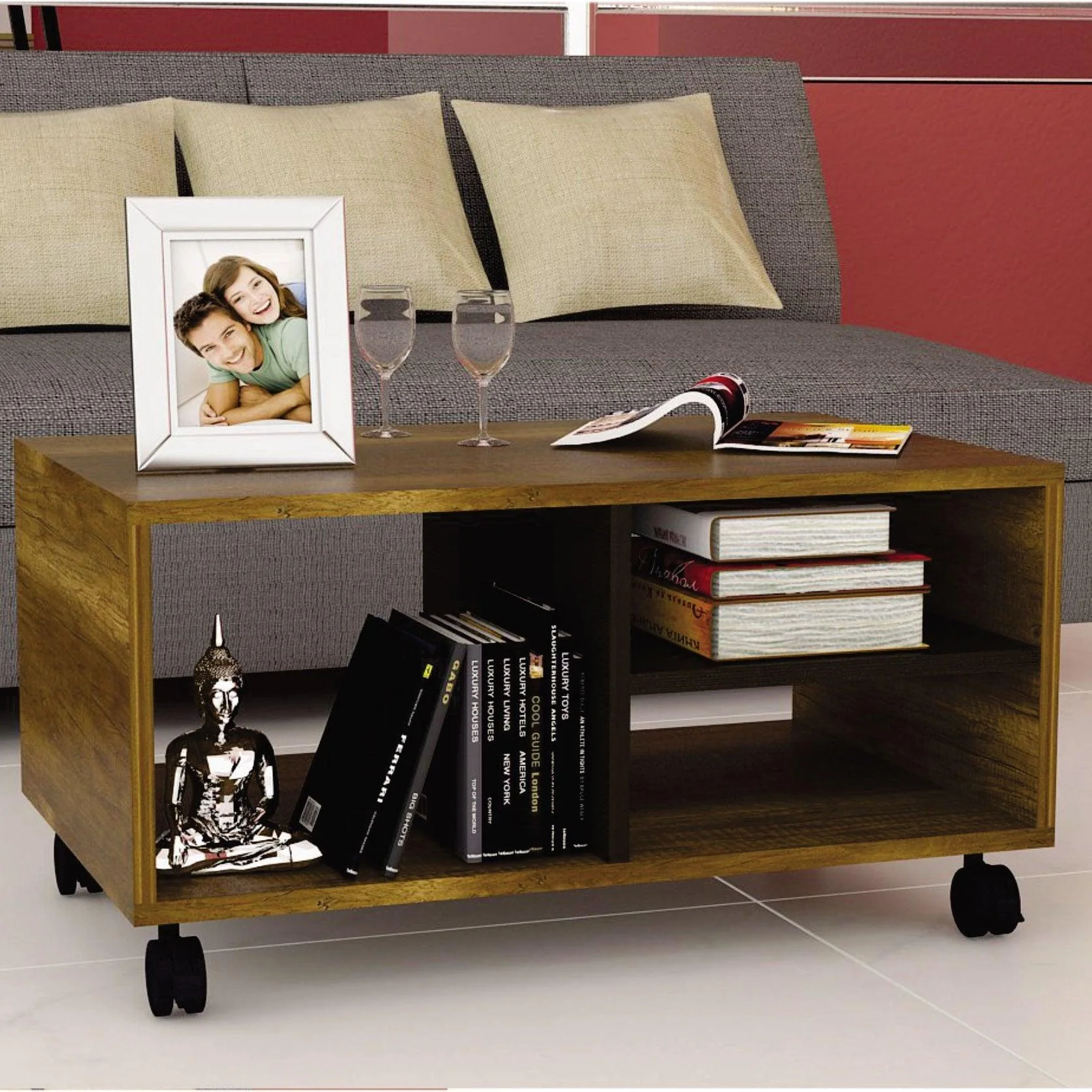 MESA DE CENTRO CLASIC, COBRE Y WENGUE, CON RODACHINAS EN NYLON PARA SU FÁCIL DESPLAZAMIENTO - Image 4
