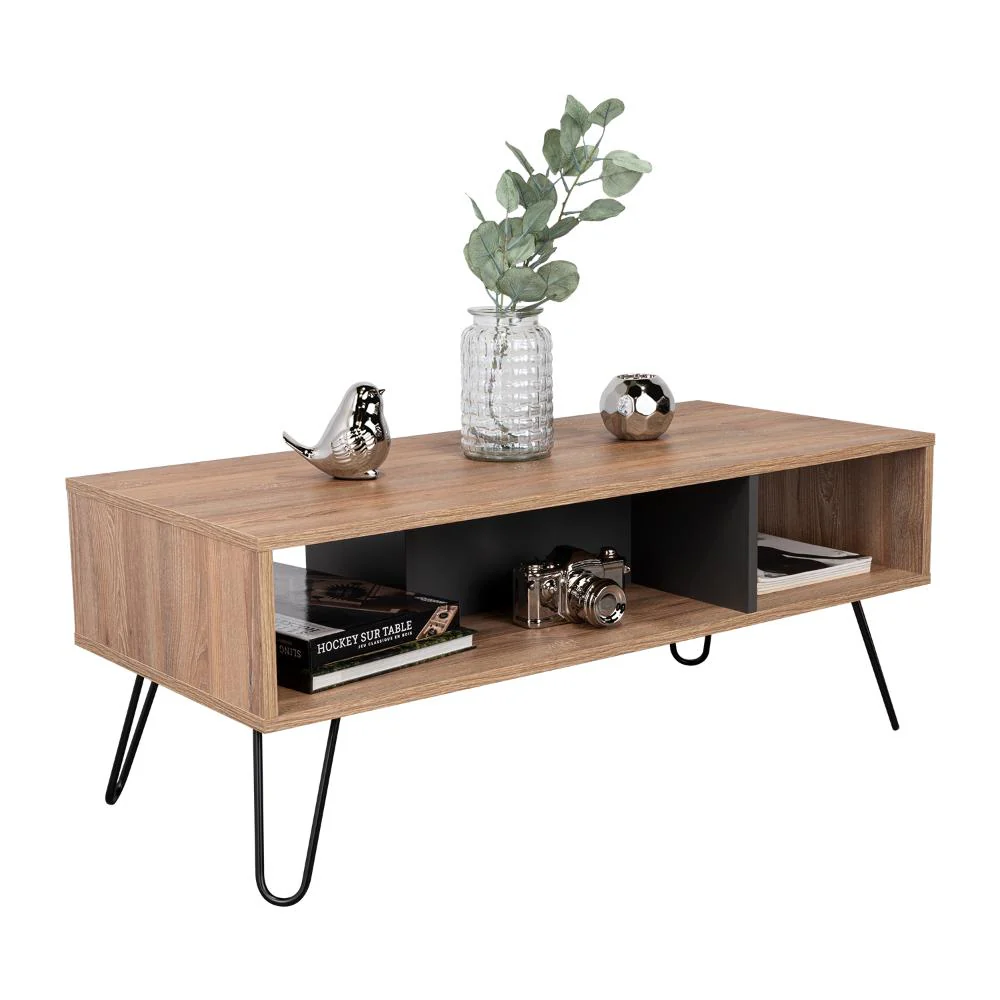 MESA DE CENTRO LARA, MIEL Y PLATA OSCURO, CON AMPLIO ESPACIO Y PATAS DE ACERO