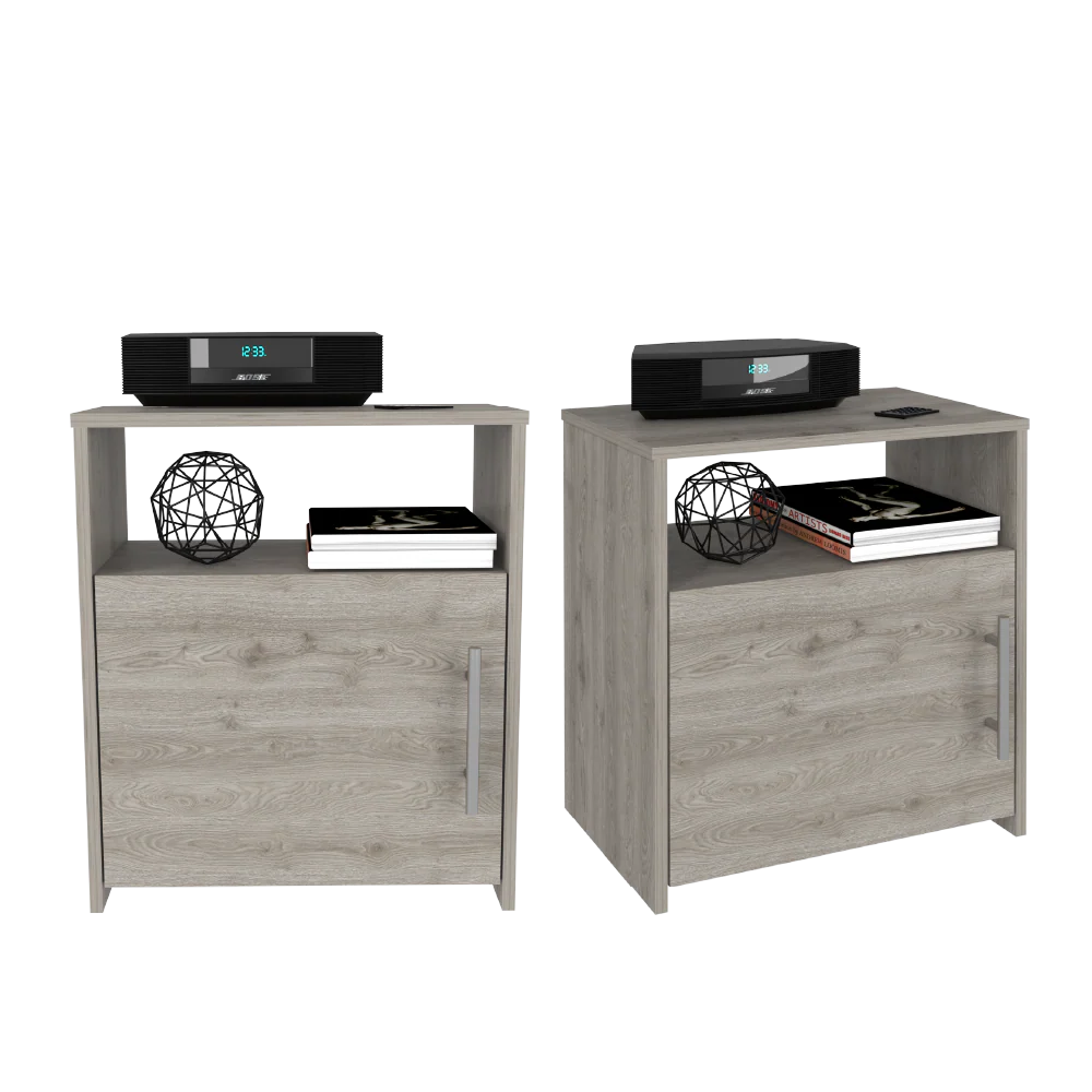 MESA DE NOCHE BRAIL, HUMO, CON ESPACIO PARA COLOCAR OBJETOS DECORATIVOS X2