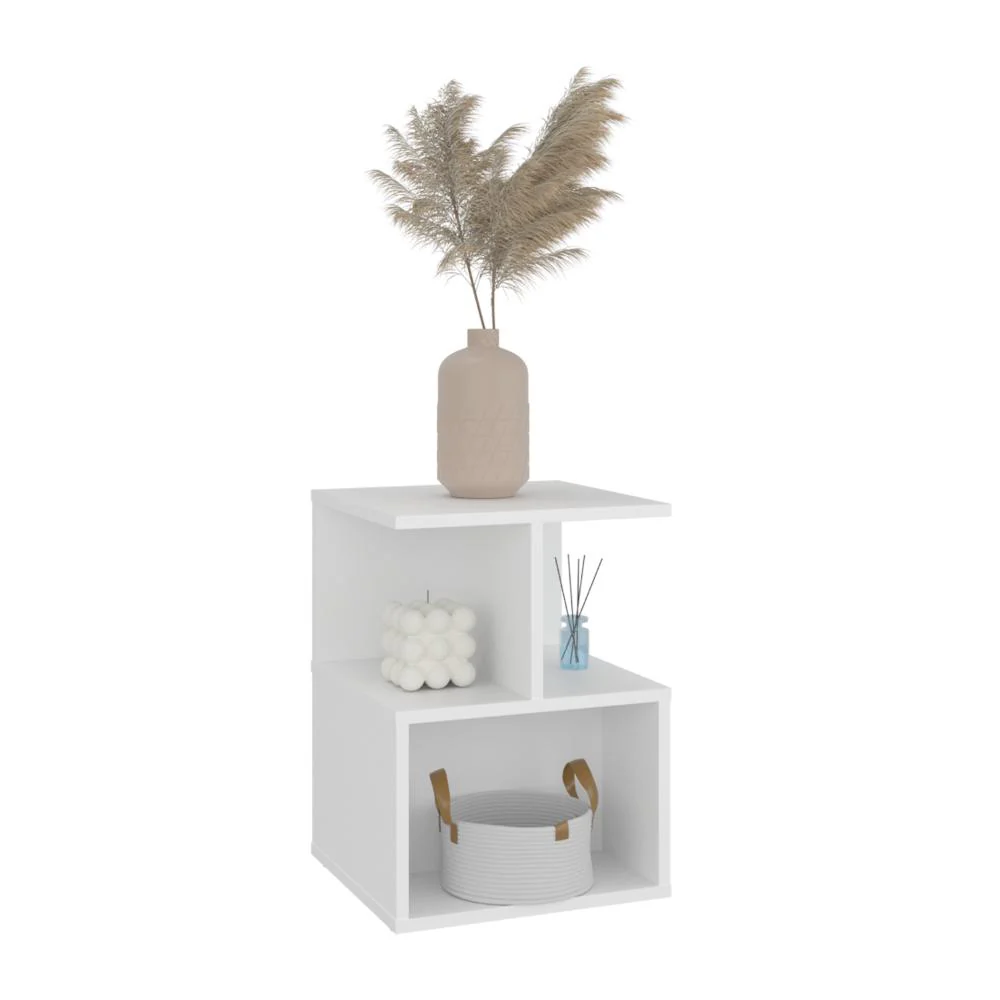 Mesa de Noche Ocaso, Blanco, Con variedad de entrepaños para ubicar objetos, diseño moderno ZF