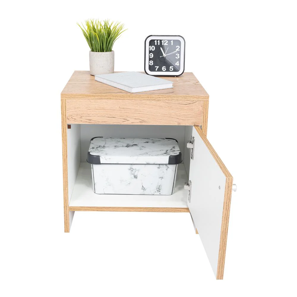 MESA DE NOCHE TUTTO, MACADAMIA Y BLANCO, CON CAJÓN PARA GUARDAR OBJETOS IDEAL PARA ESPACIOS REDUCIDOS - Image 4