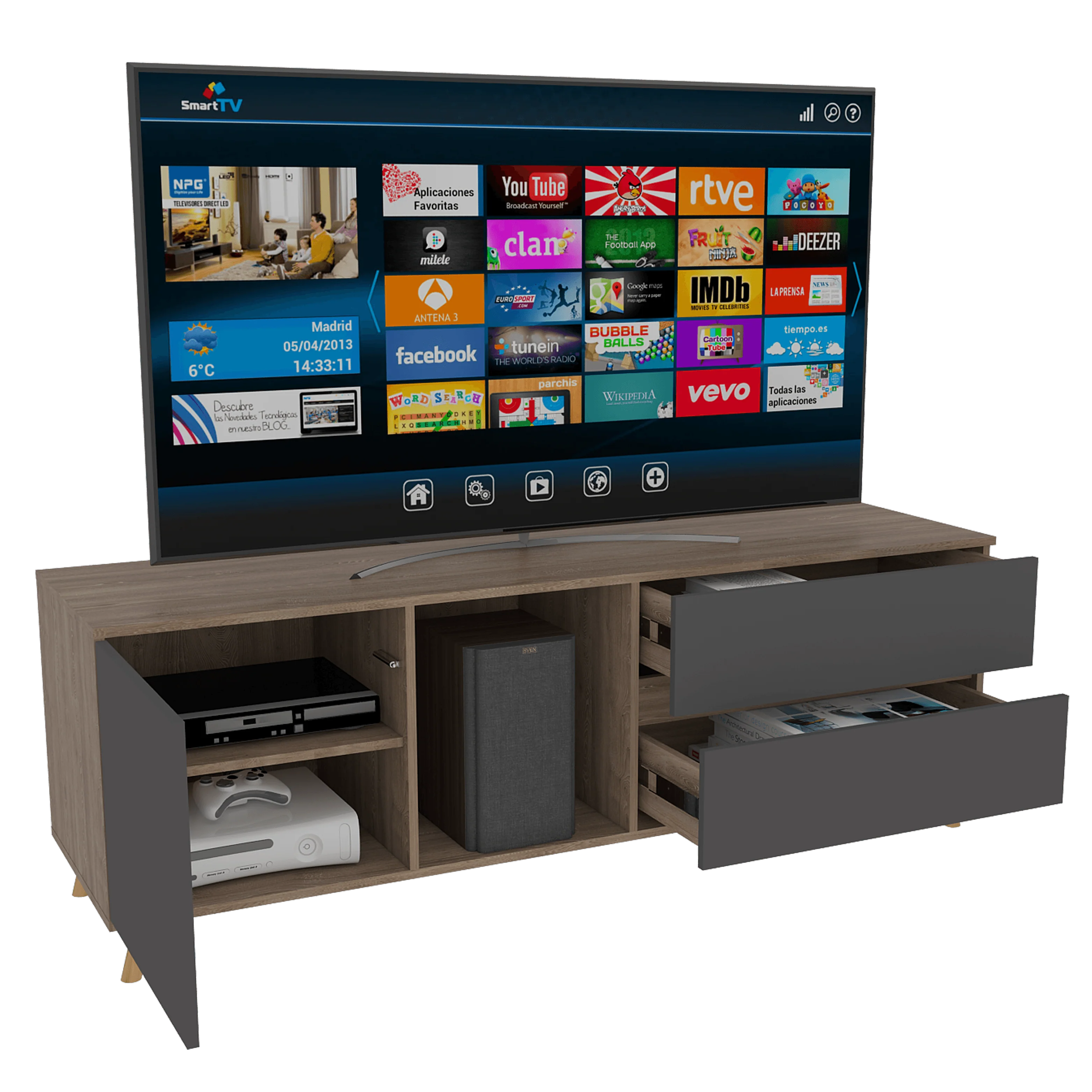 MESA PARA TV NASHIRA, MIEL Y PLATA OSCURO, CON ESPACIO PARA TELEVISOR DE HASTA 60 PULGADAS