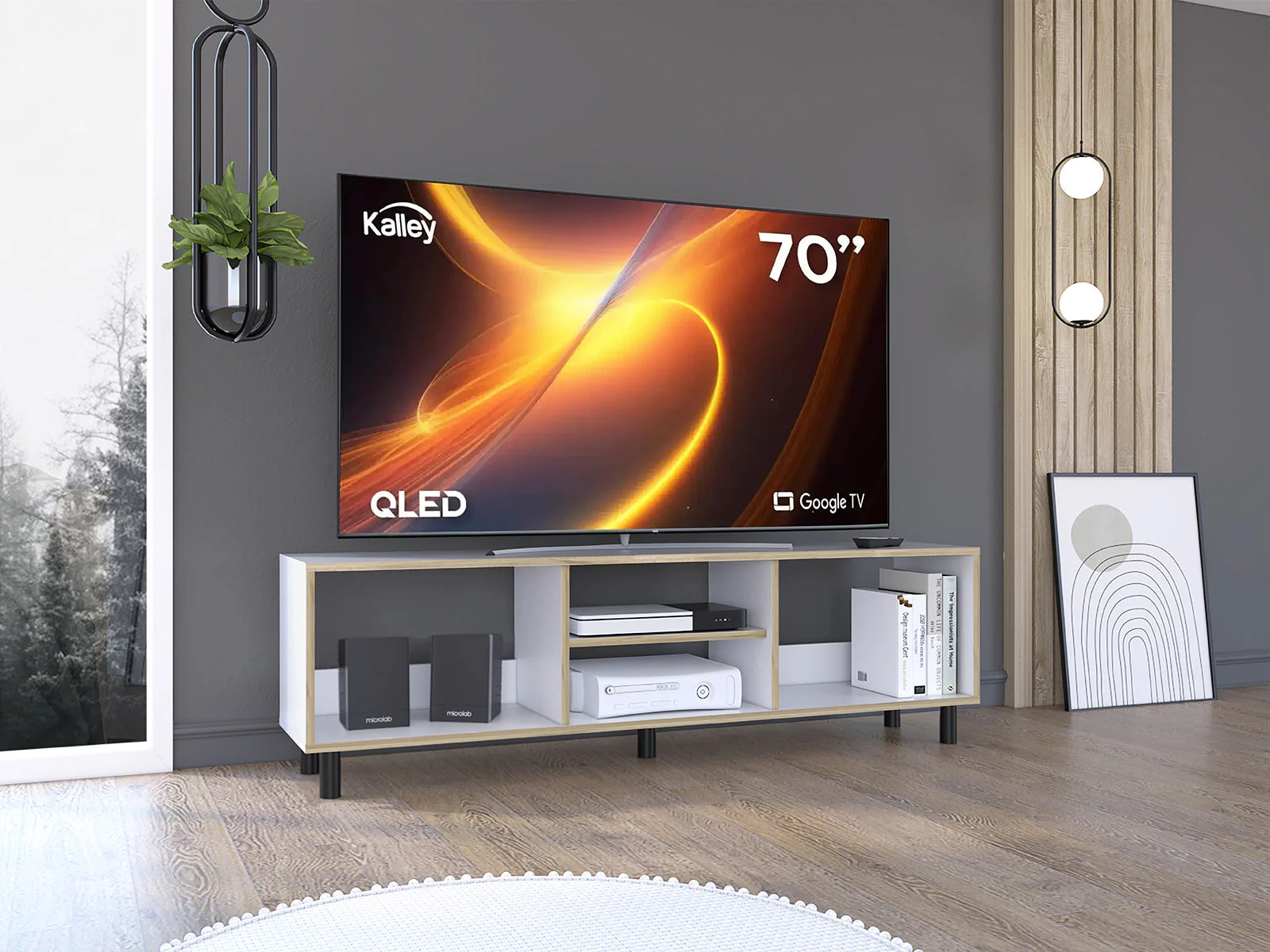 MESA PARA TV TUNEZ, BLANCO CON CAFÉ CLARO, HASTA 70" PULGADAS