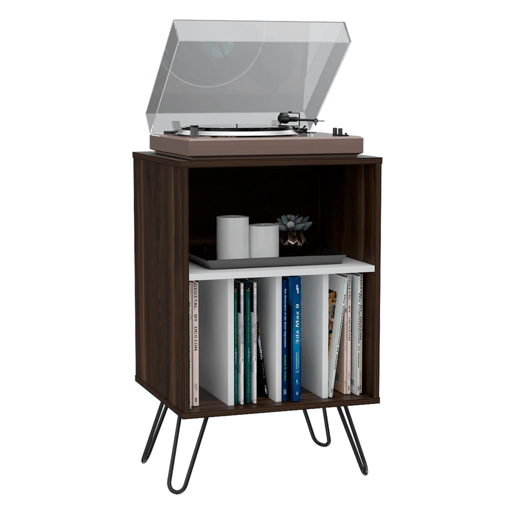 MUEBLE AUXILIAR LARA, CAOBA Y BLANCO, CON PATAS EN ACERO Y ESPACIO PARA OBJETOS DECORATIVOS