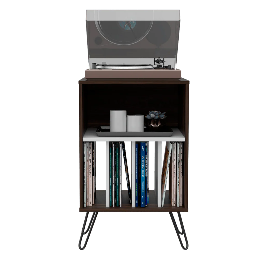 MUEBLE AUXILIAR LARA, CAOBA Y BLANCO, CON PATAS EN ACERO Y ESPACIO PARA OBJETOS DECORATIVOS - Image 2
