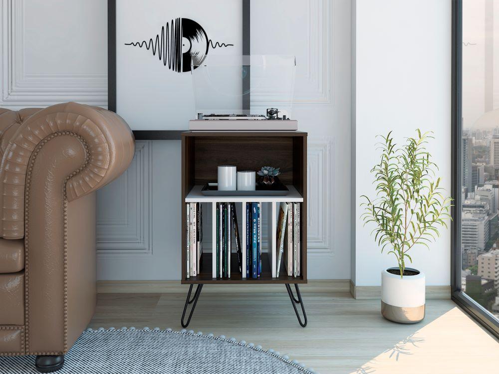 MUEBLE AUXILIAR LARA, CAOBA Y BLANCO, CON PATAS EN ACERO Y ESPACIO PARA OBJETOS DECORATIVOS - Image 3