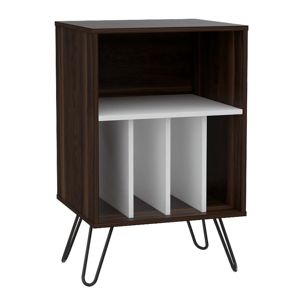 MUEBLE AUXILIAR LARA, CAOBA Y BLANCO, CON PATAS EN ACERO Y ESPACIO PARA OBJETOS DECORATIVOS - Image 4