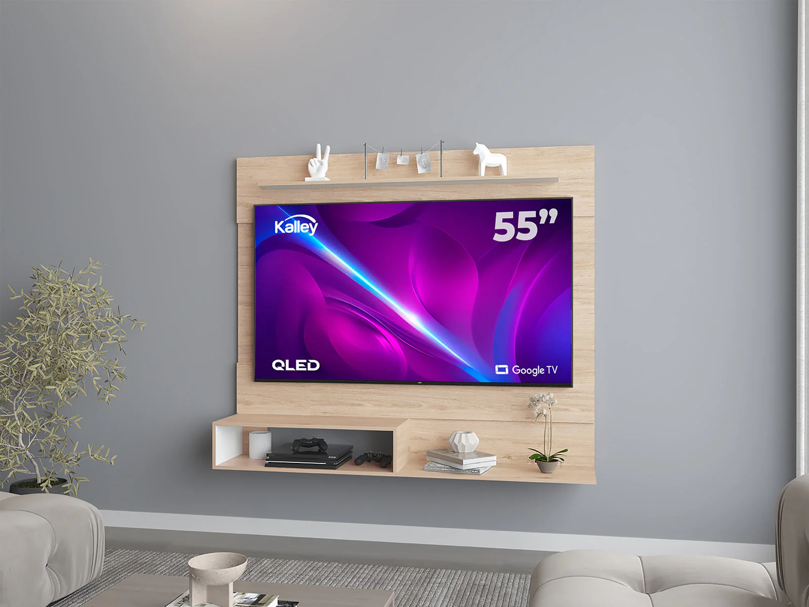 PANEL DE TV ASCHER, BEIGE Y BLANCO, CON ESPACIO PARA TELEVISOR DE HASTA 55 PULGADAS