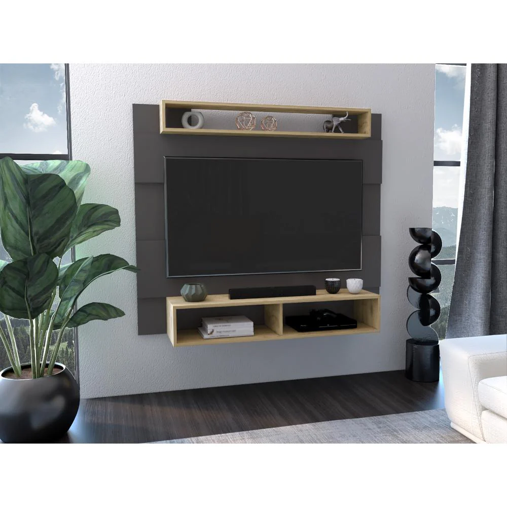 PANEL DE TV CHARES, PLATA OSCURO Y MACADAMIA, CON ESPACIO PARA TELEVISOR DE HASTA 55 PULGADAS
