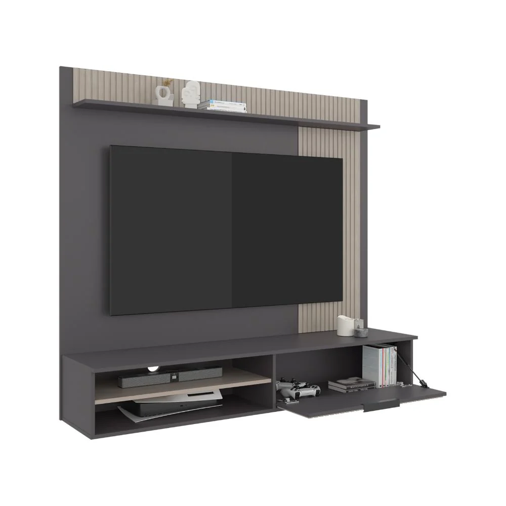 PANEL DE TV DOVER, PLATA OSCURO Y BARDOLINO, CON ESPACIO PARA TV DESDE 55 A 70"