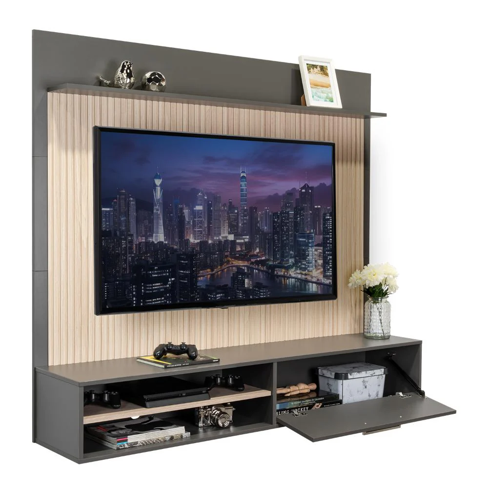 PANEL DE TV HOBER, PLATA OSCURO Y BARDOLINO, CON ESPACIO PARA TELEVISOR DESDE 55" HASTA 70" - Image 10