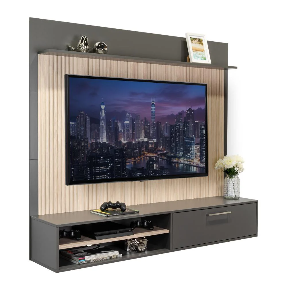 PANEL DE TV HOBER, PLATA OSCURO Y BARDOLINO, CON ESPACIO PARA TELEVISOR DESDE 55" HASTA 70" - Image 11