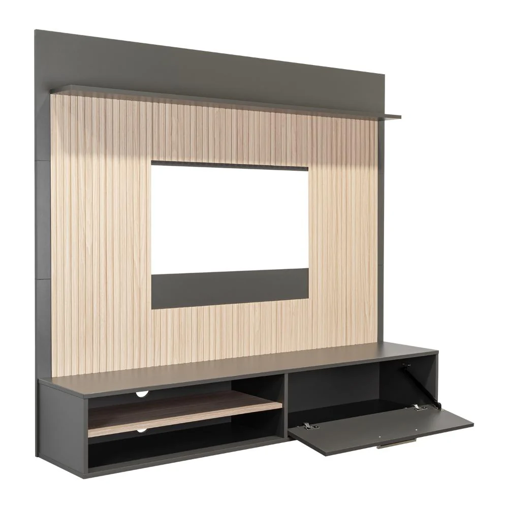 PANEL DE TV HOBER, PLATA OSCURO Y BARDOLINO, CON ESPACIO PARA TELEVISOR DESDE 55" HASTA 70" - Image 2