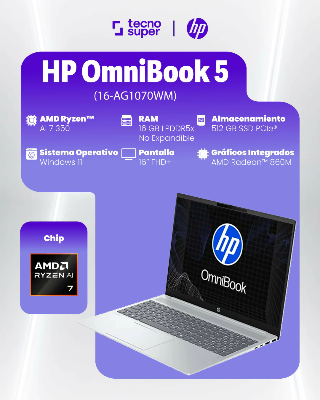 PORTATIL HP OMNIBOOK 5 16 INCH 2K 16-AG1070WM LAPTOP NEXT GEN AI PC RYZEN AI 7 350 16GB RAM 512GB SSD WIN 11 GLACIER SILVER -198990109572 - Image 4