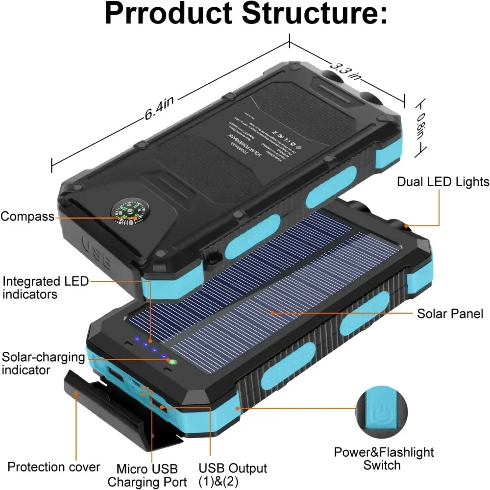 POWER BANK SOLAR 20000MAH CON LINTERNA Y BRÚJULA USB TIPO C - Image 2