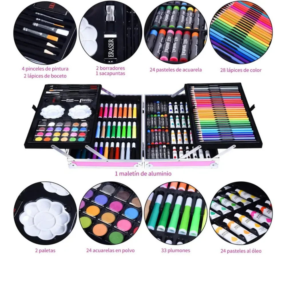 SET DE ARTES PROFESIONAL PARA NIÑOS KIT DE PINTURA 145 PCS ROSADO - Image 5